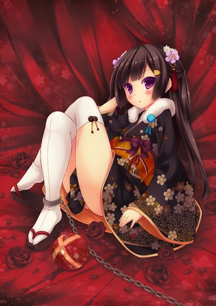 Anime picture 800x1131 with original ryo (botugo) single long hair tall image blush fringe black hair purple eyes twintails full body traditional clothes japanese clothes hair flower crossed legs lolita fashion wa lolita girl thighhighs hair ornament