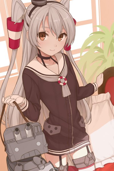 Anime picture 667x1000 with kantai collection amatsukaze destroyer rensouhou-kun nananichi single long hair tall image blush fringe hair between eyes standing holding brown eyes payot looking away indoors long sleeves head tilt light smile from above