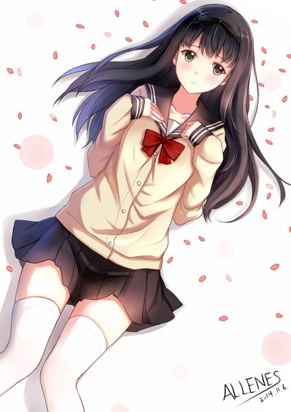 Anime picture 4133x5846 with original allenes single long hair tall image looking at viewer highres black hair white background brown eyes signed absurdres dutch angle zettai ryouiki girl thighhighs skirt uniform petals white thighhighs