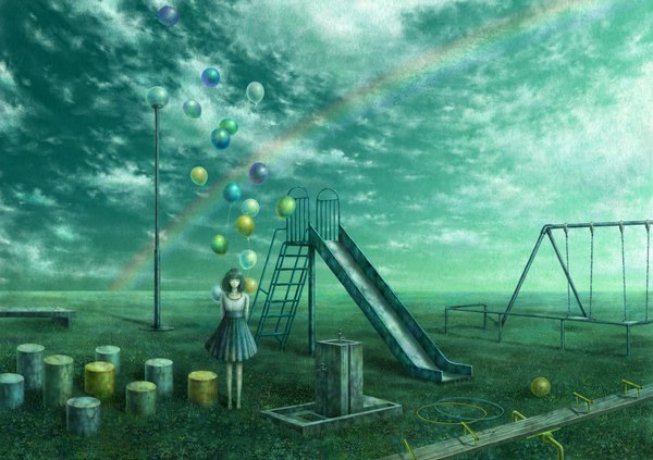 Anime picture 1158x818 with original fuumi (kazami) single long hair brown hair sky cloud (clouds) eyes closed horizon scenic girl skirt ball lantern bench balloon lamppost rainbow swing playground