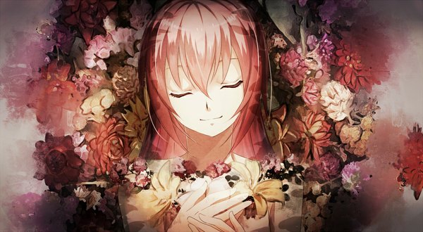 Anime picture 1000x550 with vocaloid leia (vocaloid) akami fumio single long hair smile wide image bare shoulders pink hair eyes closed portrait face abstract girl flower (flowers) leaf (leaves) lily (flower)