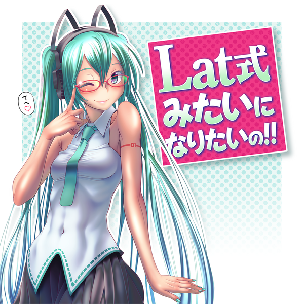 Anime picture 1080x1080 with vocaloid hatsune miku wokada single twintails animal ears very long hair one eye closed aqua eyes wink cat ears aqua hair girl skirt miniskirt glasses necktie headphones vest cat ear headphones