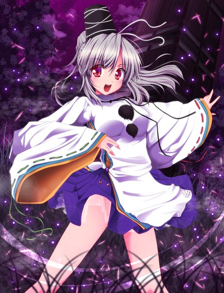 Anime picture 1531x2000 with touhou mononobe no futo fule single tall image short hair open mouth red eyes japanese clothes grey hair girl plant (plants) tree (trees)
