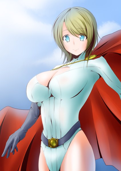 Anime picture 1653x2338 with dc comics power girl tennkai-akeci mirakuru (artist) single tall image short hair breasts blue eyes light erotic smile large breasts green hair girl