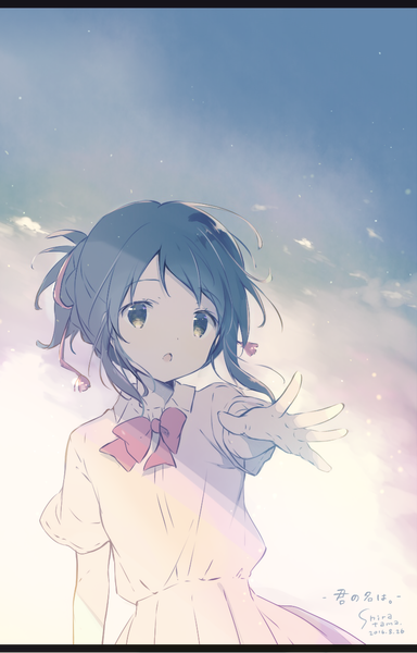 Anime picture 785x1226 with kimi no na wa miyamizu mitsuha shiratama (shiratamaco) single tall image short hair brown eyes payot sky ponytail shadow outstretched arm dated monochrome letterboxed partially colored girl uniform school uniform
