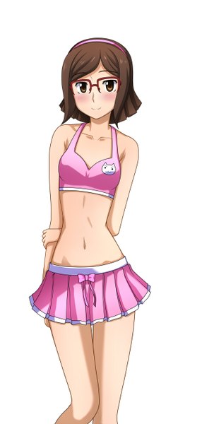 Anime picture 644x1350 with mobile suit gundam gundam build fighters sunrise (studio) kousaka china kenken single tall image looking at viewer blush short hair light erotic simple background brown hair white background brown eyes girl navel swimsuit glasses hairband