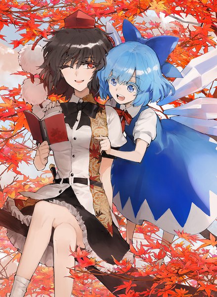 Anime picture 879x1200 with touhou shameimaru aya cirno minakata sunao tall image short hair open mouth blue eyes black hair red eyes multiple girls blue hair one eye closed wink puffy sleeves crossed legs autumn tree sitting girl bow