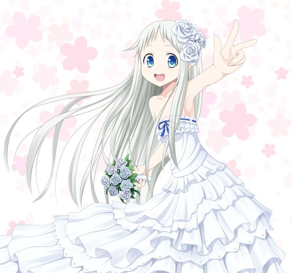 Anime picture 1500x1400 with ano hi mita hana no namae wo bokutachi wa mada shiranai a-1 pictures honma meiko noron (artist) long hair open mouth blue eyes white hair hair flower loli girl dress hair ornament flower (flowers) rose (roses) bouquet wedding dress white rose