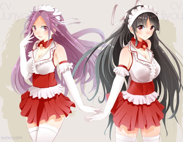 Anime picture 2000x1553 with kantai collection hiyou light aircraft carrier junyou light aircraft carrier tebi (tbd11) long hair looking at viewer blush highres breasts open mouth black hair smile large breasts purple eyes bare shoulders multiple girls brown eyes signed cleavage purple hair