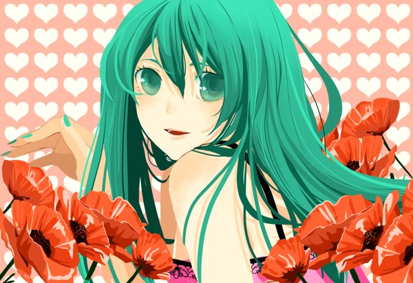 Anime picture 2952x2031 with vocaloid hatsune miku 272078327 single long hair looking at viewer fringe highres hair between eyes bare shoulders green eyes payot upper body nail polish parted lips looking back arm up green hair pink background girl