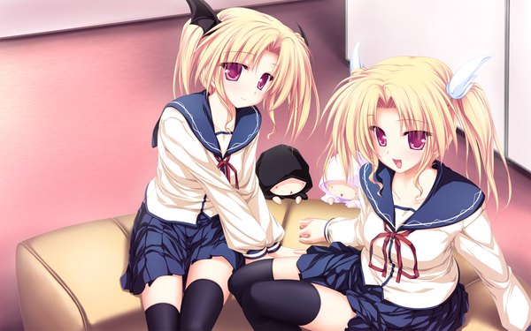 Anime picture 1920x1200 with magus tale whirlpool (studio) nina geminis rena geminis tenmaso looking at viewer blush highres short hair open mouth blonde hair smile wide image sitting twintails multiple girls game cg pink eyes wallpaper short twintails