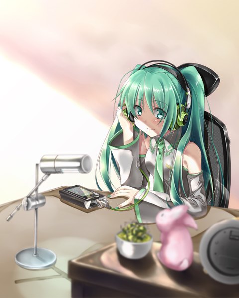 Anime picture 1024x1280 with vocaloid apple inc. hatsune miku single long hair tall image twintails green eyes nail polish aqua hair girl detached sleeves necktie headphones table microphone bunny statuette