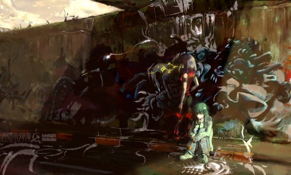 Anime picture 2400x1450 with touhou kochiya sanae yasaka kanako lowlight kirilenko long hair highres short hair wide image multiple girls yellow eyes purple hair green hair graffiti girl 2 girls