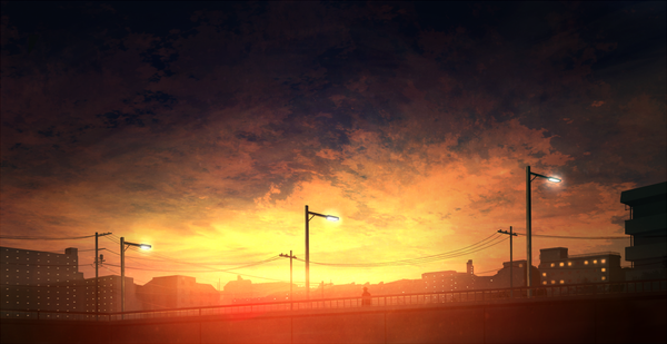 Anime picture 1240x640 with original mks single wide image sky cloud (clouds) outdoors sunlight night night sky evening sunset silhouette ambiguous gender building (buildings) power lines lamppost