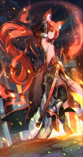 Anime picture 498x938 with original observerz single tall image looking at viewer light erotic standing animal ears yellow eyes red hair tail very long hair animal tail looking back from below tattoo fox ears sideboob floating hair fox tail