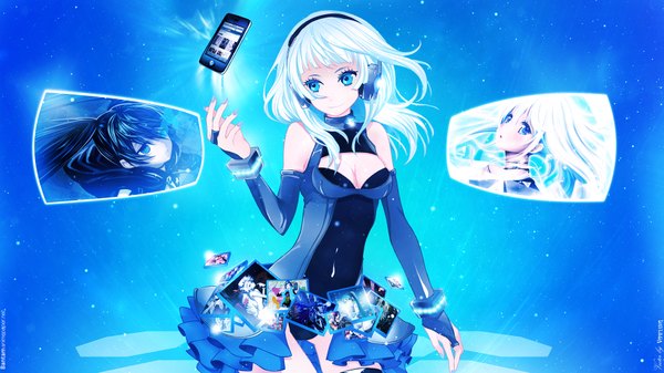 Anime picture 1920x1080 with black rock shooter denpa onna to seishun otoko shaft (studio) black rock shooter (character) touwa erio wogura highres short hair blue eyes smile wide image bare shoulders white hair blue background girl dress detached sleeves headphones iphone