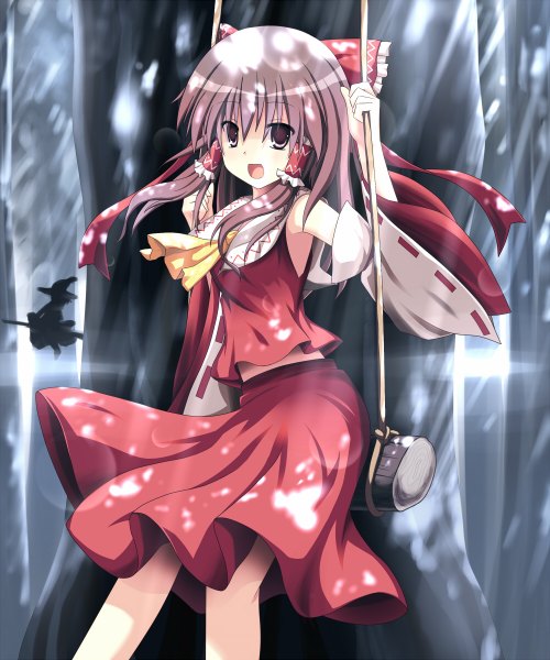 Anime picture 1000x1200 with touhou hakurei reimu samegami single long hair tall image open mouth brown hair brown eyes miko girl skirt bow hair bow detached sleeves red skirt