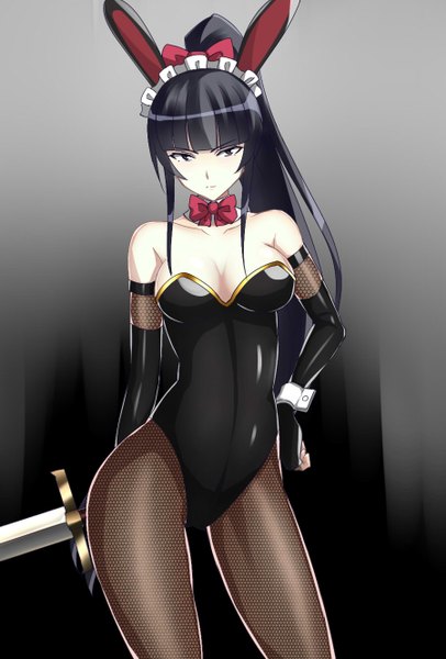 Anime picture 900x1330 with overlord (maruyama) madhouse narberal gamma alice360 single long hair tall image looking at viewer fringe breasts light erotic black hair animal ears cleavage bent knee (knees) ponytail black eyes grey background midriff bunny ears