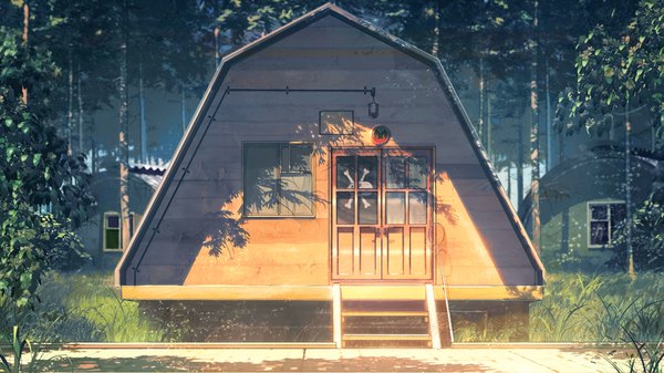 Anime picture 1920x1080 with everlasting summer iichan eroge arsenixc vvcephei highres wide image game cg sunlight shadow wallpaper no people scenic skull and crossbones collaboration camp plant (plants) tree (trees) window building (buildings) door