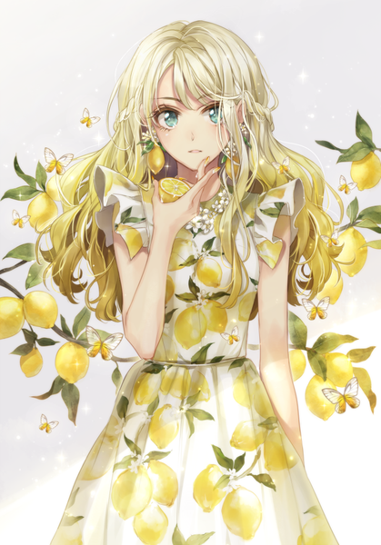 Anime picture 692x990 with original hagiwara rin single long hair tall image looking at viewer blush fringe simple background blonde hair standing holding upper body nail polish parted lips aqua eyes fingernails grey background sparkle finger to mouth