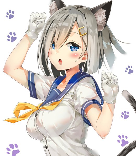 Anime picture 891x1026 with kantai collection hamakaze destroyer etonato5 single tall image blush short hair breasts open mouth blue eyes large breasts animal ears tail animal tail grey hair cat ears cat girl cat tail close-up kemonomimi mode