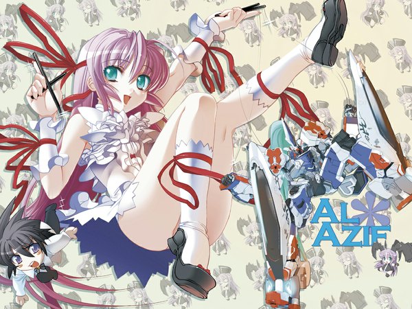 Anime picture 1024x768 with demonbane al azif daijuuji kurou light erotic pink hair chibi ribbon (ribbons)