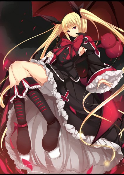 Anime picture 800x1131 with blazblue rachel alucard daiaru single long hair tall image blonde hair red eyes twintails loli girl dress bow hair bow wings boots frills umbrella