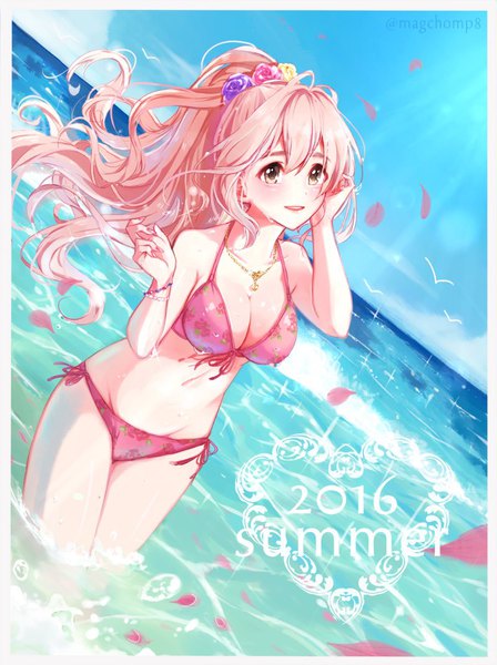Anime picture 800x1070 with idolmaster idolmaster cinderella girls saionji kotoka magako single long hair tall image blush breasts open mouth light erotic large breasts standing brown eyes pink hair sky ponytail :d dutch angle partially submerged
