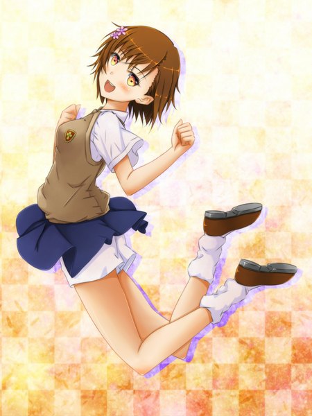 Anime picture 1725x2302 with to aru kagaku no railgun to aru majutsu no index j.c. staff misaka mikoto swordsouls single tall image blush highres short hair open mouth smile brown hair yellow eyes full body hair flower jumping checkered background girl skirt