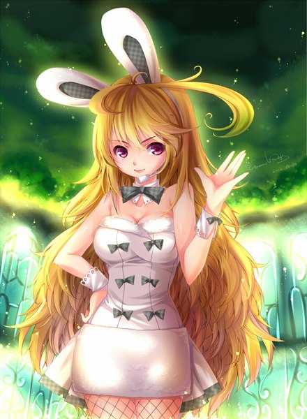 Anime picture 733x1000 with tales of (series) tales of xillia milla maxwell grandia bing long hair tall image looking at viewer blonde hair animal ears pink eyes bunny ears girl dress bow headphones