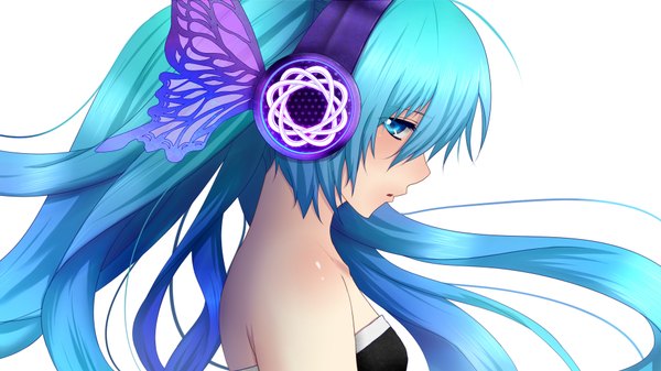 Anime picture 1920x1080 with vocaloid hatsune miku my (artist) single long hair looking at viewer fringe highres open mouth simple background wide image white background bare shoulders profile aqua eyes aqua hair insect wings butterfly wings girl wings