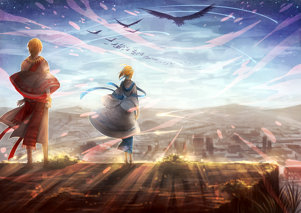 Anime picture 1280x905 with fate (series) fate/stay night studio deen type-moon artoria pendragon (all) saber gilgamesh (fate) lilin99jh short hair blonde hair standing sky from behind alternate costume back flying scenic girl boy ribbon (ribbons)