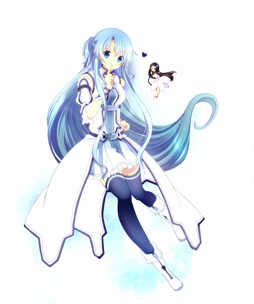 Anime picture 1106x1325 with sword art online a-1 pictures yuuki asuna yui (sao) asuna (sao-alo) hanahubuki1991 single long hair tall image looking at viewer blue eyes blue hair chibi fairy girl thighhighs dress gloves boots fingerless gloves