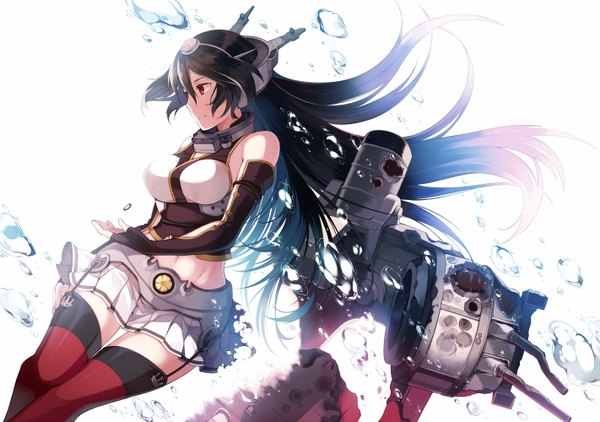 Anime picture 1421x1000 with kantai collection nagato battleship single long hair black hair red eyes white background looking away revision broken girl thighhighs skirt hair ornament weapon detached sleeves miniskirt bubble (bubbles)