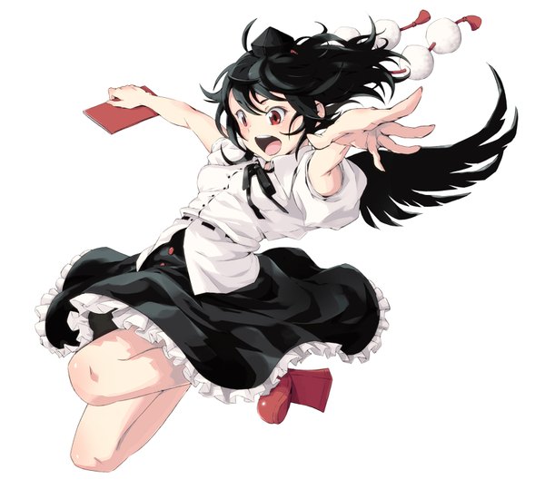 Anime picture 1667x1500 with touhou shameimaru aya aki (9aki) single long hair blush open mouth black hair simple background smile red eyes white background spread arms jumping girl skirt ribbon (ribbons) wings headdress book (books)