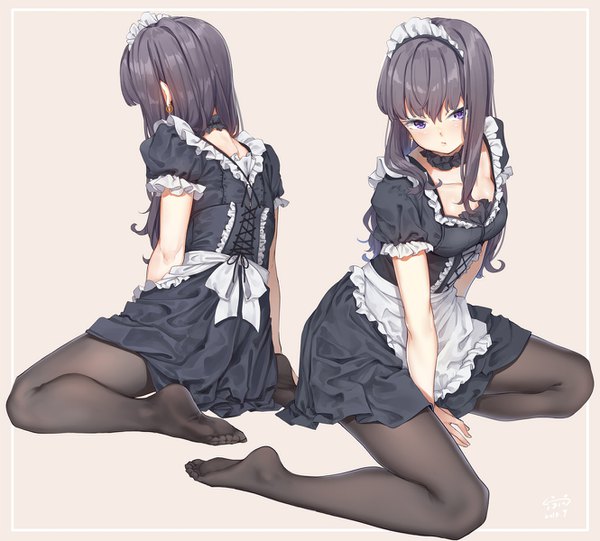 Anime picture 1330x1200 with original fangxiang cuoluan long hair blush fringe open mouth black hair simple background sitting purple eyes signed full body arm support maid no shoes puffy sleeves dated multiview 2018 girl