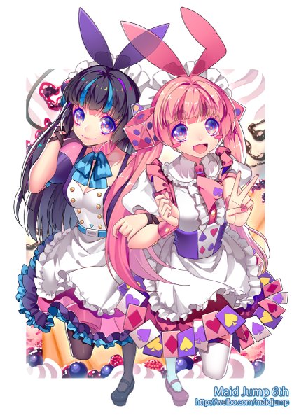 Anime picture 835x1200 with original sougishi ego long hair tall image open mouth black hair smile multiple girls pink hair multicolored hair two-tone hair streaked hair victory multicolored eyes girl dress bow 2 girls hair bow headdress