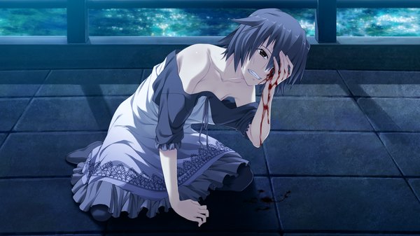 Anime picture 1024x576 with suigetsu 2 short hair black hair wide image brown eyes game cg girl dress blood