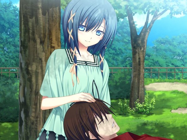 Anime picture 800x600 with signal heart goutokuji akira zinno fringe short hair blue eyes hair between eyes sitting payot blue hair game cg eyes closed light smile couple sleeping hand on another's head girl boy ribbon (ribbons) plant (plants)