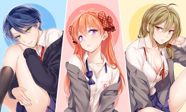 Anime picture 1000x600 with gekkan shoujo nozaki-kun doga kobo sakura chiyo kashima yuu seo yuzuki mery (yangmalgage) long hair looking at viewer short hair light erotic red eyes brown hair wide image purple eyes multiple girls green eyes blue hair orange hair multiview partially open clothes