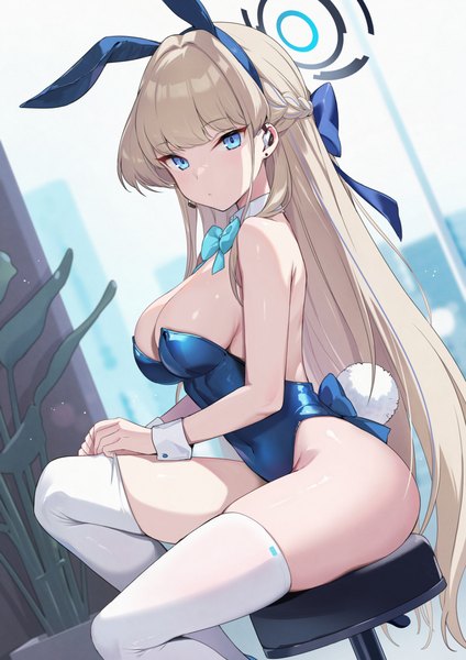 Anime picture 1158x1637 with blue archive toki (blue archive) toki (bunny) (blue archive) azuki yui single long hair tall image looking at viewer fringe breasts blue eyes light erotic blonde hair large breasts sitting bare shoulders animal ears cleavage tail blunt bangs