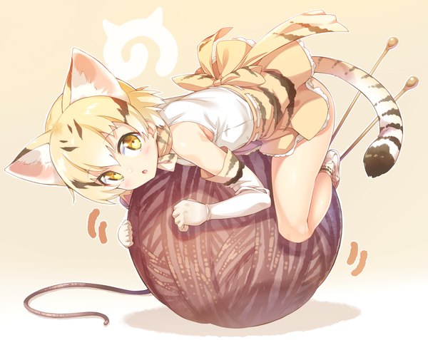 Anime picture 1507x1200 with kemono friends sand cat (kemono friends) ichi makoto single looking at viewer blush fringe short hair light erotic simple background blonde hair hair between eyes bare shoulders animal ears yellow eyes full body bent knee (knees) tail animal tail :o