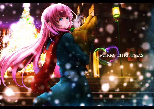 Anime picture 1200x850 with vocaloid megurine luka museum2088 single long hair blue eyes pink hair outdoors looking back snowing christmas letterboxed winter girl scarf coat stairs