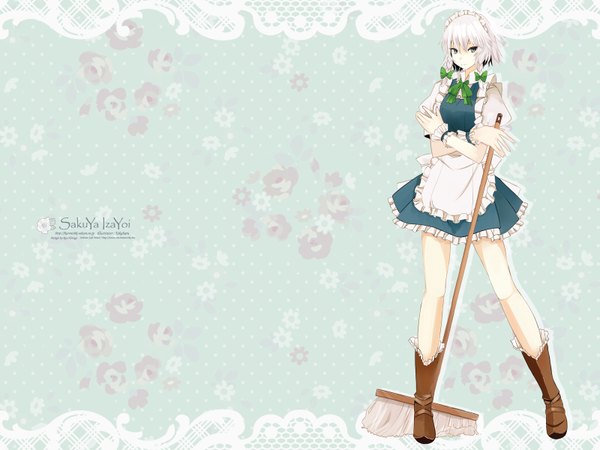 Anime picture 1600x1200 with touhou izayoi sakuya takaharu single looking at viewer fringe short hair blue eyes smile hair between eyes standing signed silver hair braid (braids) short sleeves maid puffy sleeves character names twin braids crossed arms