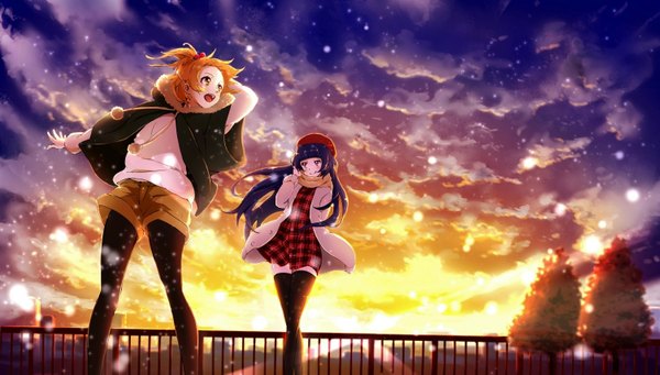 Anime picture 1503x855 with original conone long hair blush short hair open mouth wide image multiple girls brown eyes yellow eyes blue hair looking away sky cloud (clouds) orange hair evening snowing sunset girl thighhighs