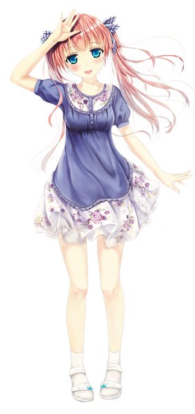 Anime picture 1700x3600 with original nameless (artist) single long hair tall image looking at viewer blush fringe breasts open mouth blue eyes smile standing twintails red hair wind girl dress bow hair bow