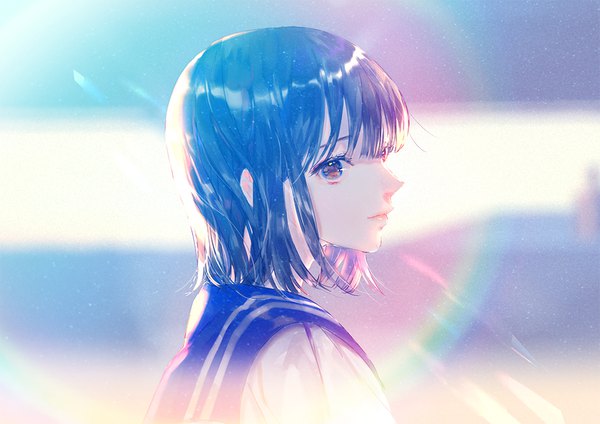 Anime picture 947x670 with original say hana single looking at viewer short hair blue eyes black hair profile sunlight lens flare turning head sunbeam girl uniform school uniform