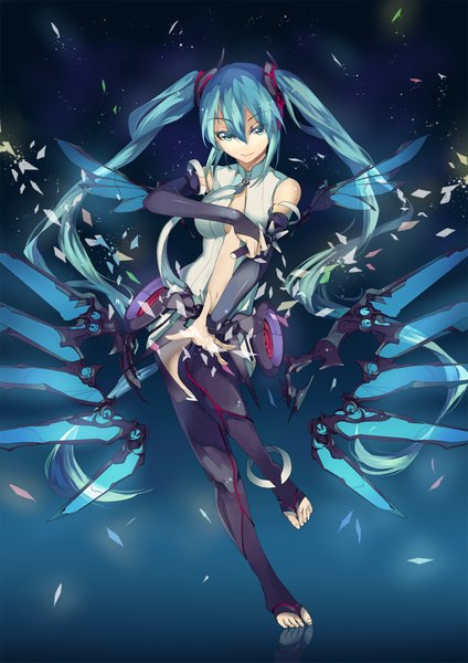 Anime picture 1200x1697 with vocaloid hatsune miku tajador single long hair tall image looking at viewer smile twintails barefoot aqua eyes aqua hair reflection girl thighhighs gloves wings necktie jewelry bridal gauntlets