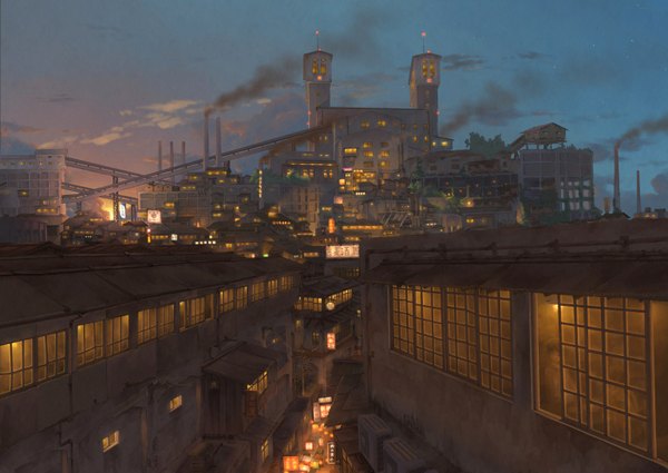 Anime picture 1538x1091 with original pochi (poti1990) city evening sunset scenic city lights window building (buildings) lamp people tower smoke stack factory