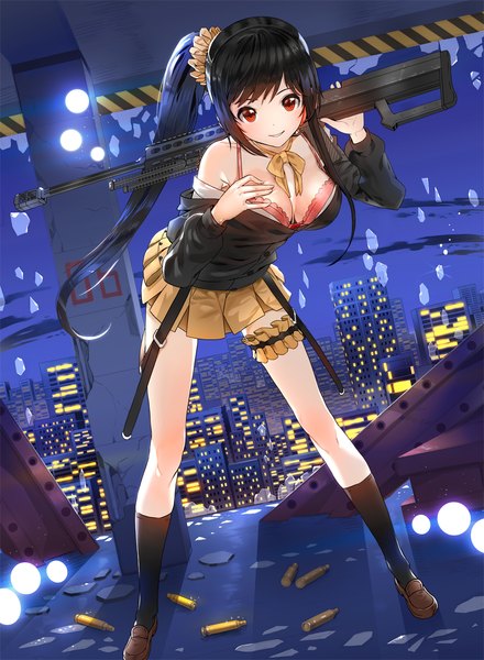 Anime picture 866x1182 with original kfr single long hair tall image looking at viewer blush breasts light erotic black hair smile red eyes cleavage ponytail pleated skirt open clothes city side ponytail weapon over shoulder broken glass